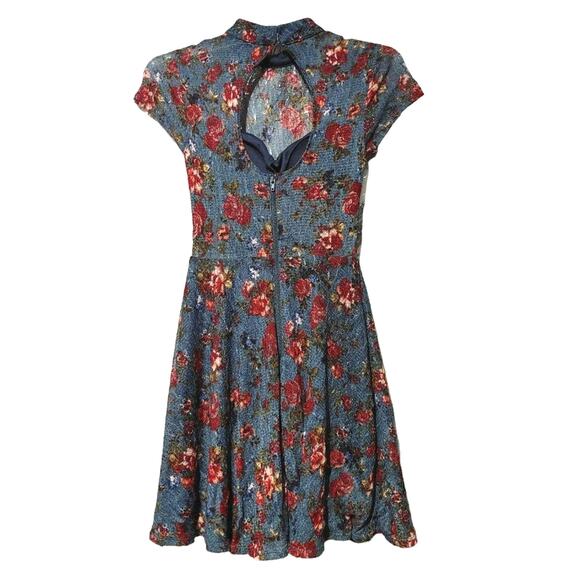 Sequin Hearts Fit & Flare Dress Cap Sleeve Navy Red Rose Floral Womens Size 1 - Picture 2 of 8